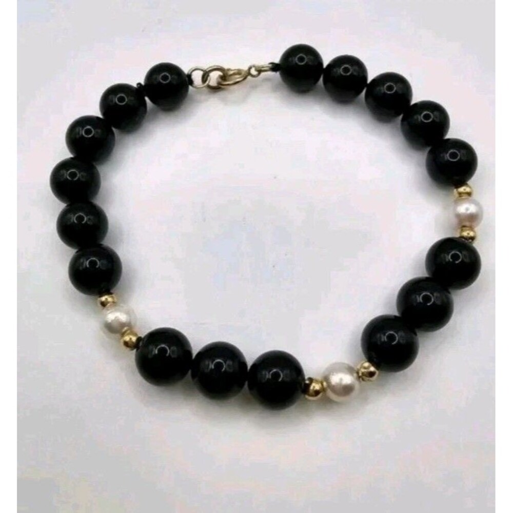 14k Yellow Gold & Onyx & Pearl Beaded Bracelet 7"